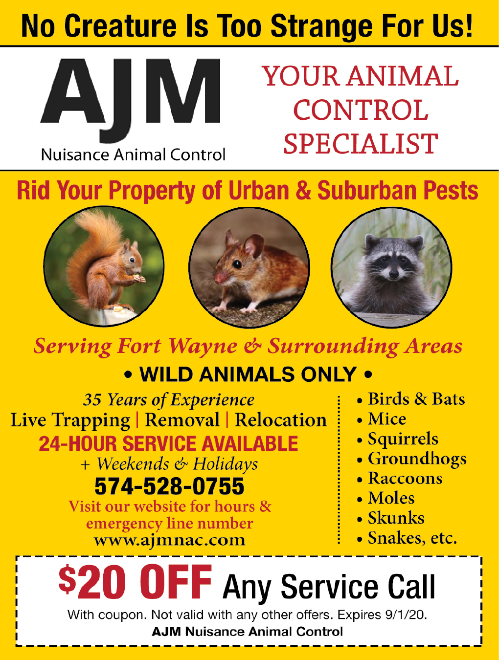 AJM Nuisance Animal Control_QPMS.8.20 Fort Wayne MoneySaver Magazine